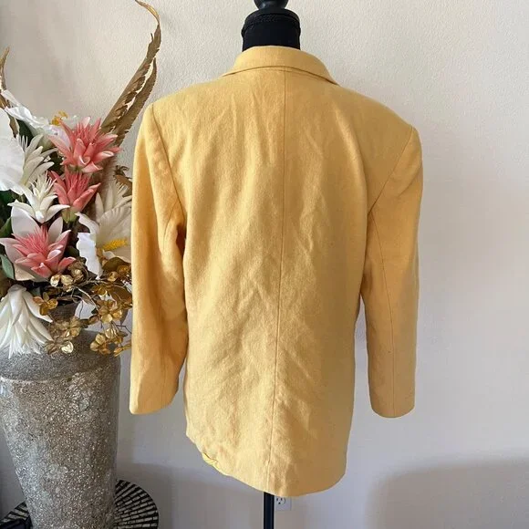 90s Vintage Stephanie Andrews 100% Pure Wool Retro Yellow Double Breasted Peacoa - Picture 2 of 8